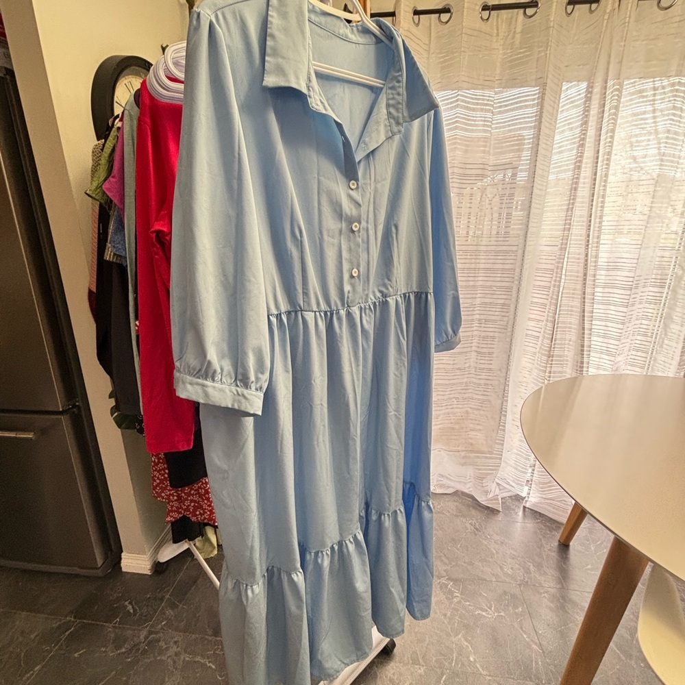 NWOT- SHEIN Blue Long Sleeve Sundress with Notched Collar